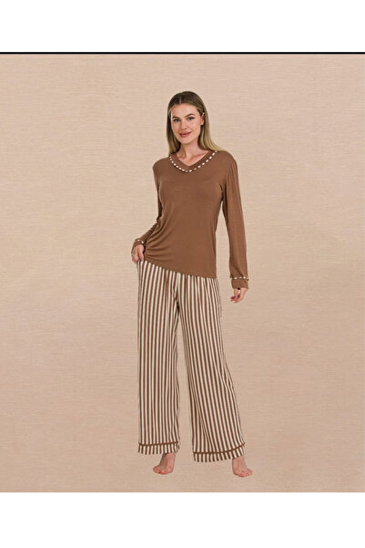 Yare Latte Long Sleeve Striped Pajama Set