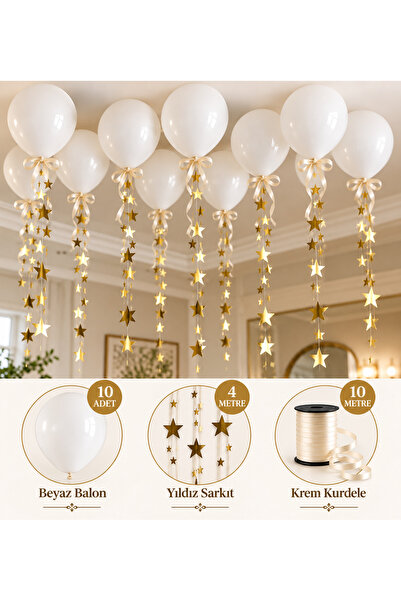 Dizayn Parti Evi 10 Adet Beyaz Balon + 4 Metre Gold Yıldız Sarkıt + 10 Metre ...