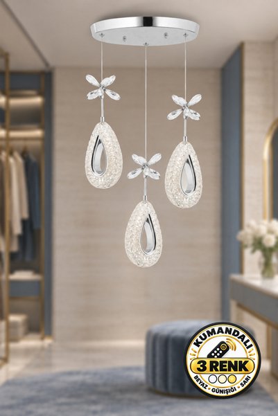 Dekorluna Kumandalı 3'Lü Diamond 3 Renk Işık Özellikli Dimmerli Krom Kaplama ...