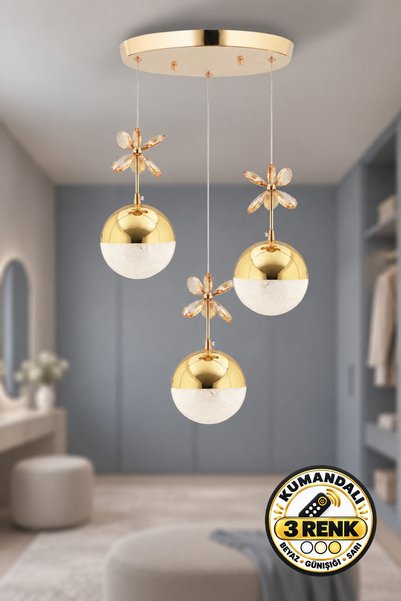Dekorluna Kumandalı Küre 3 Renk Işık Özellikli Dimmerli Gold Kaplama Sarkıt L...