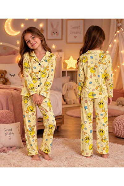 Kız Çocuk Sarı Tweety Desenli Önden Düğmeli Pijama Takımı