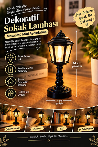 Sokak Lambası Tasarımlı Kendinden Pilli Mini Masa Lambası - Şık Dekoratif Masa Süsü