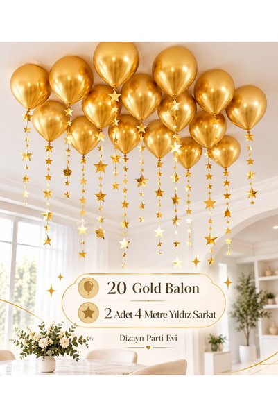 Dizayn Parti Evi 20 Adet Gold Balon + 2 Adet 4 Metre Gold Yıldız Sarkıt Tavan...