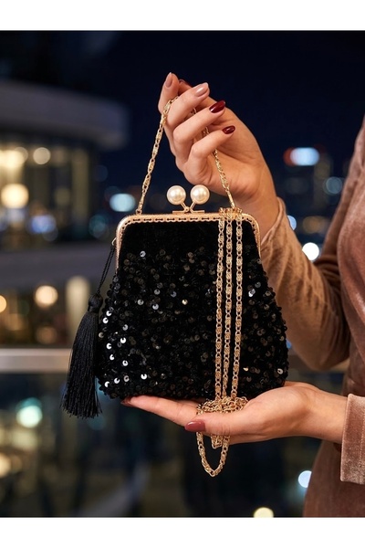 18x18 cm ölçülerinde Pullu Işıltılı Abiye Gece Çantası Gold renk Zincir ve Klips , Hafif Çanta
