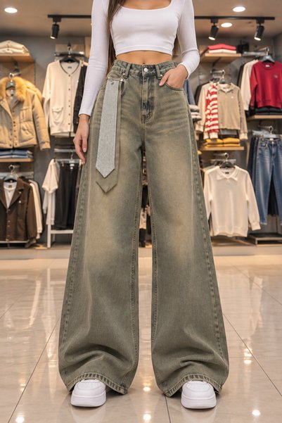 ince moda giyim Kadın Haki Gri Yüksek Bel Bol Paça Jean Pantolon – Kravat Det...