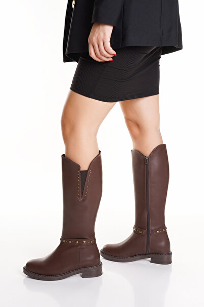 muhhu moda Women's Brown Trok Detailed Boots - Below the Knee Boots with Belt Detail and Flexible Elastic on the Leg