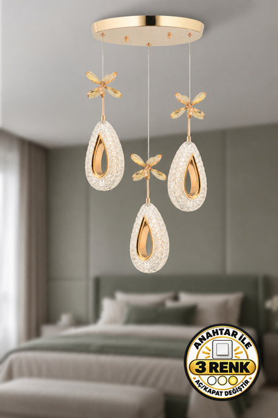 Dekorluna Modern 3'Lü Diamond 3 Renk Işık Özellikli Gold Kaplama Sarkıt Led A...