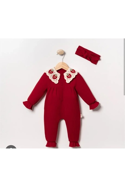 BabyWings Yakası Fistolu Çilek Nakışlı Kız Bebek Tulum Bandanalı