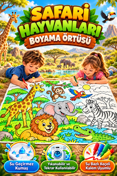GIMOSA Safari Hayvanları Yıkanabilir Boyama Örtüsü Su Geçirmez Kumaş Tekrar K...