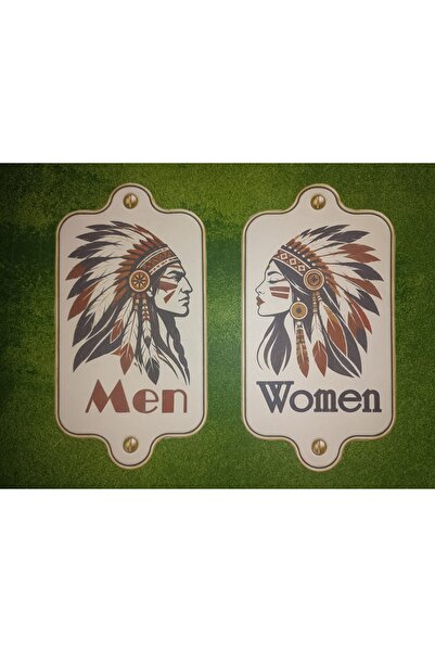 Vintage WC Kapı Stickerı Kızılderili Temalı Kadın Erkek Tuvalet Kapı Yönlendirme Etiketi 2'li Set