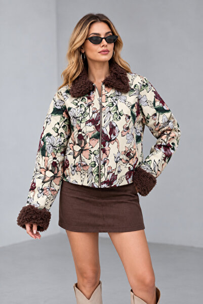 İLKCET MODA Lal Floral Fur Collar Bomber Women's Jacket