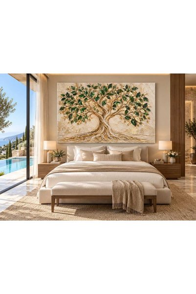 EMİLART Hayat Ağacı Kanvas Tablo Yeşil Gold 3D Kabartma Görünümlü Modern Salo...