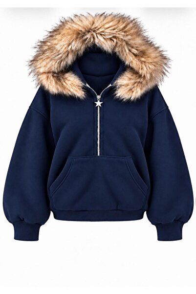 nathia outdoors Hooded Fur Detailed Oversize 3 Thread Vortex Basic Women's Sw...