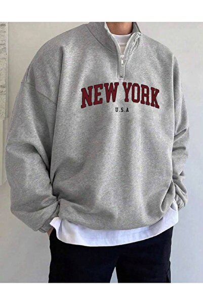 trendgar Gri Newyork Baskılı Dik Yaka Yarım Fermuarlı Sweatshirt