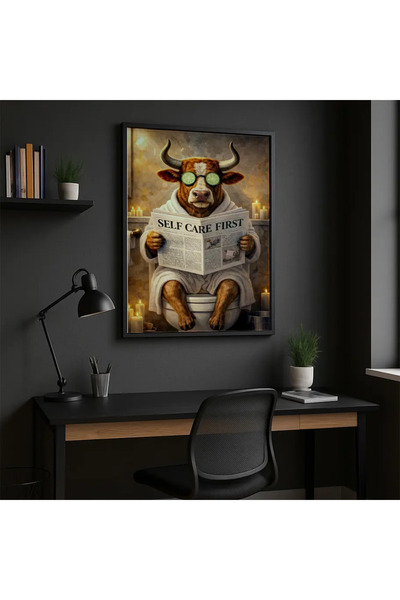 Self Care First Spa Keyfi Yapan Boğa Poster - Gümüş Renk Çerçeveli