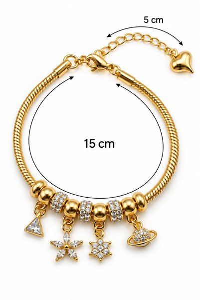 Stelle Jewelry Charm Detailed Steel Bracelet with Stones, Star, Planet, Flower and Triangle Figures, Gold Color, 15+5 cm Women's Bracelet