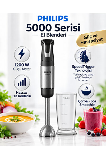 Philips Pratik El Blenderi 1200 W Güçlü Motor, Paslanmaz Çelik Blender Ayağı,...