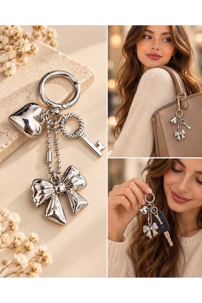 mdm style سلسلة مفاتيح وحليّة متعددة الاستخدامات على شكل قلب وفتيلة فضية اللون على شكل مفتاح، إكسسوار للحقائب