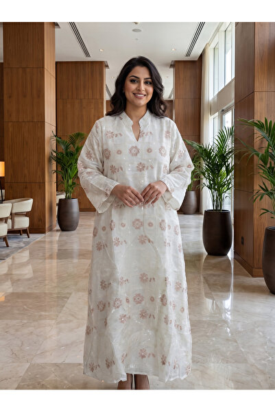 Finelook Women’s White & Brown Floral Embroidered Maxi Kaftan Dress – Elegant...