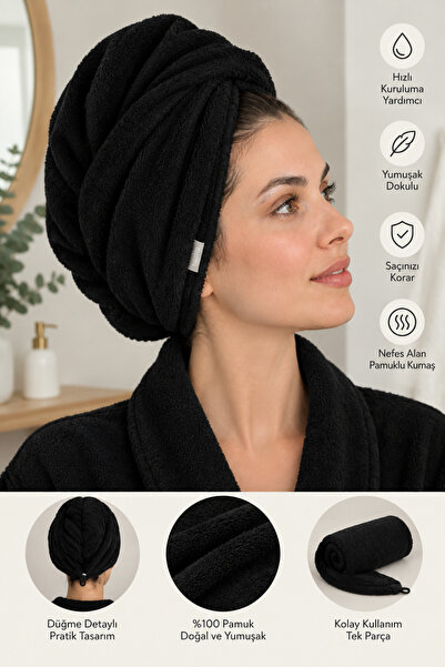 DENIZAY Siyah Cotton | %100 Pamuklu | Saç Kurutma Bonesi / Saç Kurutma Havlusu