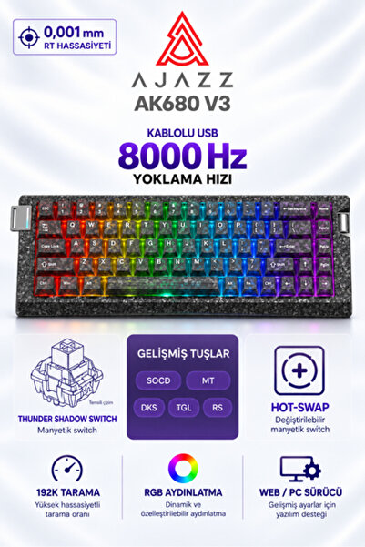 AK680 V3 8000 Hz Manyetik RGB Oyuncu Klavyesi Şeffaf Siyah Thunder Shadow