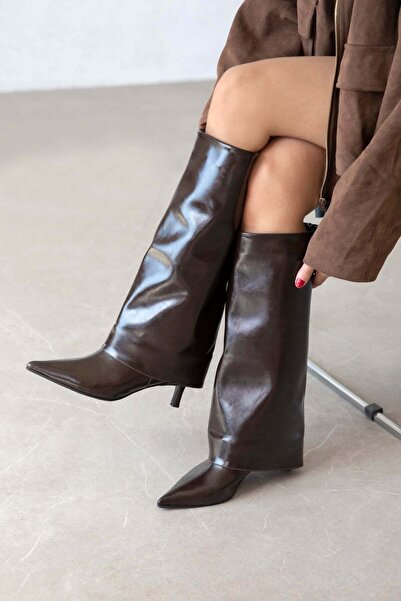 STRASWANS Mizu Women's Leggings Detailed Wrinkled Leather Boots Brown