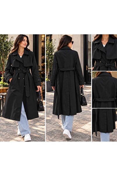 AKŞTEKSTİL Women's Windproof Long Trench Coat with Detailing and Belt