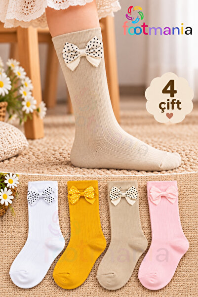 footmania Kız Çocuk Kurdeleli 4 Çift Çorap Seti (Extra Yumuşak)