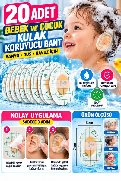 Hane Dostu 20 Adet Bebek ve Çocuk Kulak Koruyucu Bant 5x7 cm – Banyo Duş ve H...