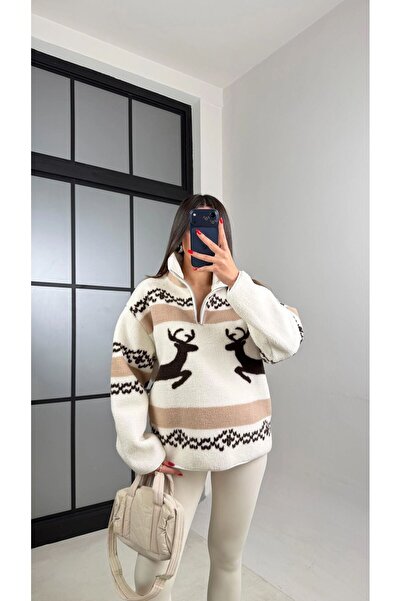 Moodel Brand Model Women's Brown Deer Fishneck Plush Sweatshirt