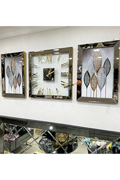 pupillahome Gold Renk Yaprak Model Desenli Aynalı 3'lü Tablo Saat Seti