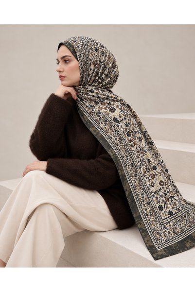AGAPI Khaki Ethnic Patterned Cotton Hijab Shawl – Soft Textured Patterned Women's Shawl