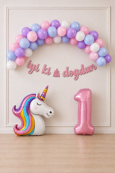 BalonArt Unicorn Temalı 1 Yaş Doğum Günü Süsü 46 İnç Büyük Boy Unicorn 76 Cm ...
