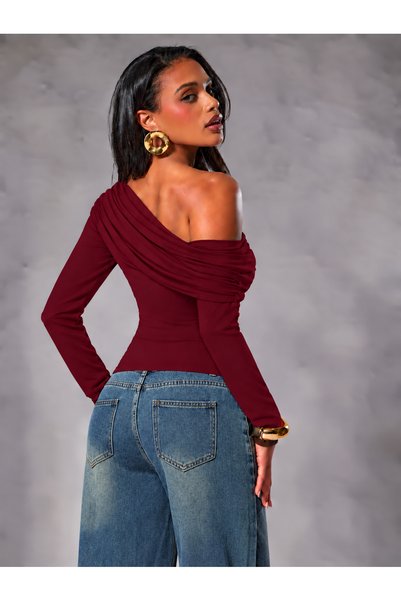 JE-TU Drapeli Asymmetric Collar Long Sleeve Blouse Jt9654
