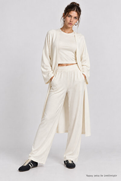 Lovelyİstanbul Soft Textured Modal Top and Bottom Set Lby0091 Ecru