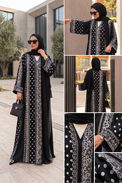 Lamis Nawar عباءة سوداء بنقشة البولكا دوت والدانتيل الزهري - فستان طويل الأكم...