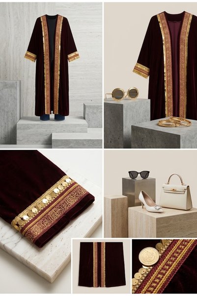 Lamis Nawar Code 13 Luxury Maroon Velvet Abaya - Gold Coin Fringe Trim & Cuffs