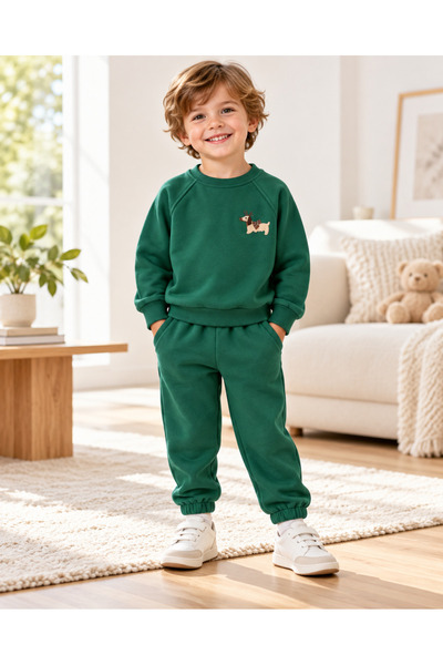 erayalpkids Boy's Dark Green Cute Embroidered Sweatshirt and Sweatpants Set