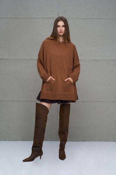 #vdr viadellerose Brown Hooded Oversize Sweater 18071