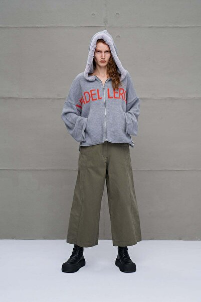 #vdr viadellerose Gray Melange Zippered Lettered Oversize Hooded Sweatshirt 1...