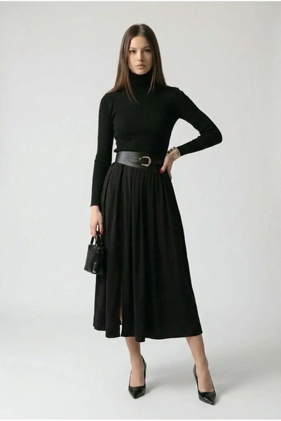 Moodel Belted Elastic Waist Tencel Fabric Slit Skirt