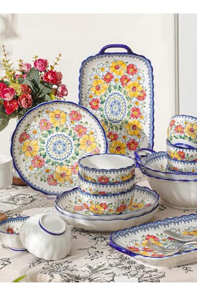 L&Wen 18Pcs Dinnerware Set, Ceramic Tableware Sets, Plates and Bowls Kit, Dishwasher Microwave Safe-