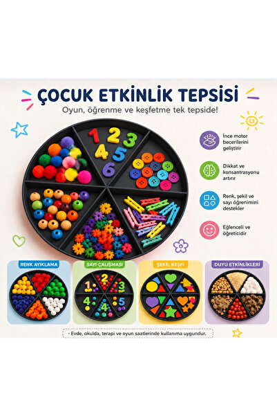 6 Bölmeli Duyusal Oyun ve Aktivite Tepsisi - Montessori Eğitici Materyal (Siyah)