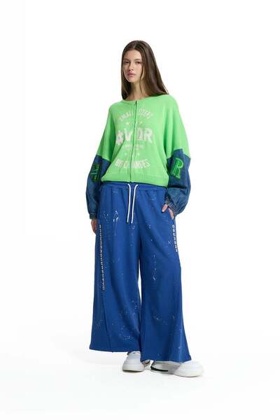 #vdr viadellerose Neon Yeşil Mavi Kontrast Denim Kol Bomber Kazak 19173