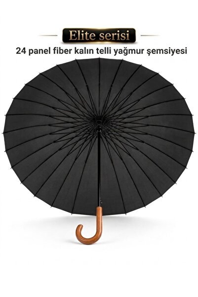 24 Telli Siyah Protokol Şemsiyesi - Ahşap saplı fiber gövde rüzgarda dönmez KILIFLI PREMİUM ŞEMSİYE 120 cm