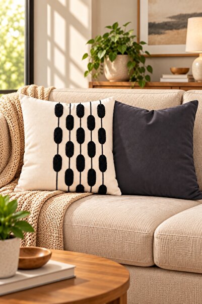 Modamina Melodi Punch Nakışlı 2'li Kırlent Kılıfı Seti | Fermuarlı 42x42 cm |...