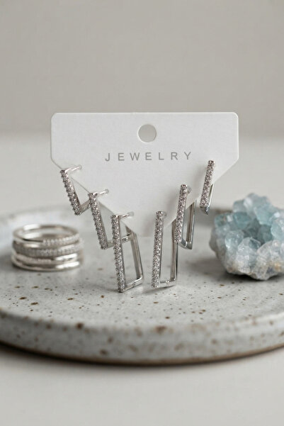 Lisinya Silver Color Zircon Stone Brass Square Model Women's Earring Set -