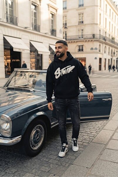 JANTIL MODA Black Unisex Oversize 3 Thread Raster Printed Hooded Sweatshirt w...