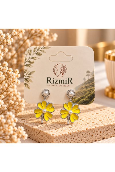 rizmir أقراط نسائية مرصعة باللؤلؤ الأصفر على شكل زهرة الأقحوان