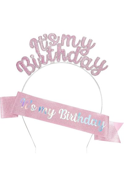 AZONEE Birthday Crown & Sash Set, 'It's My Birthday' Tiara and Adjustable Gli...